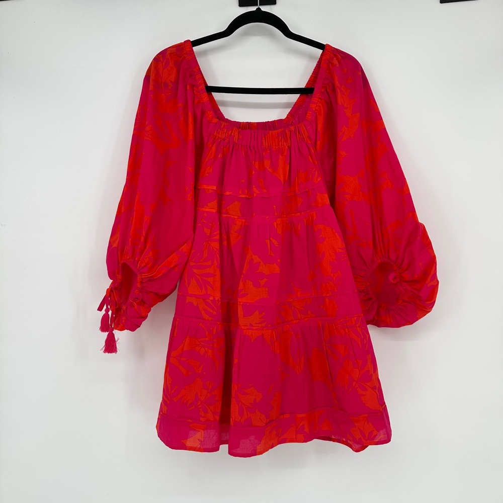 Olivaceous Fuchsia Org Tropical Tiered Babydoll Mini Dress Balloon Sleeve S Boho